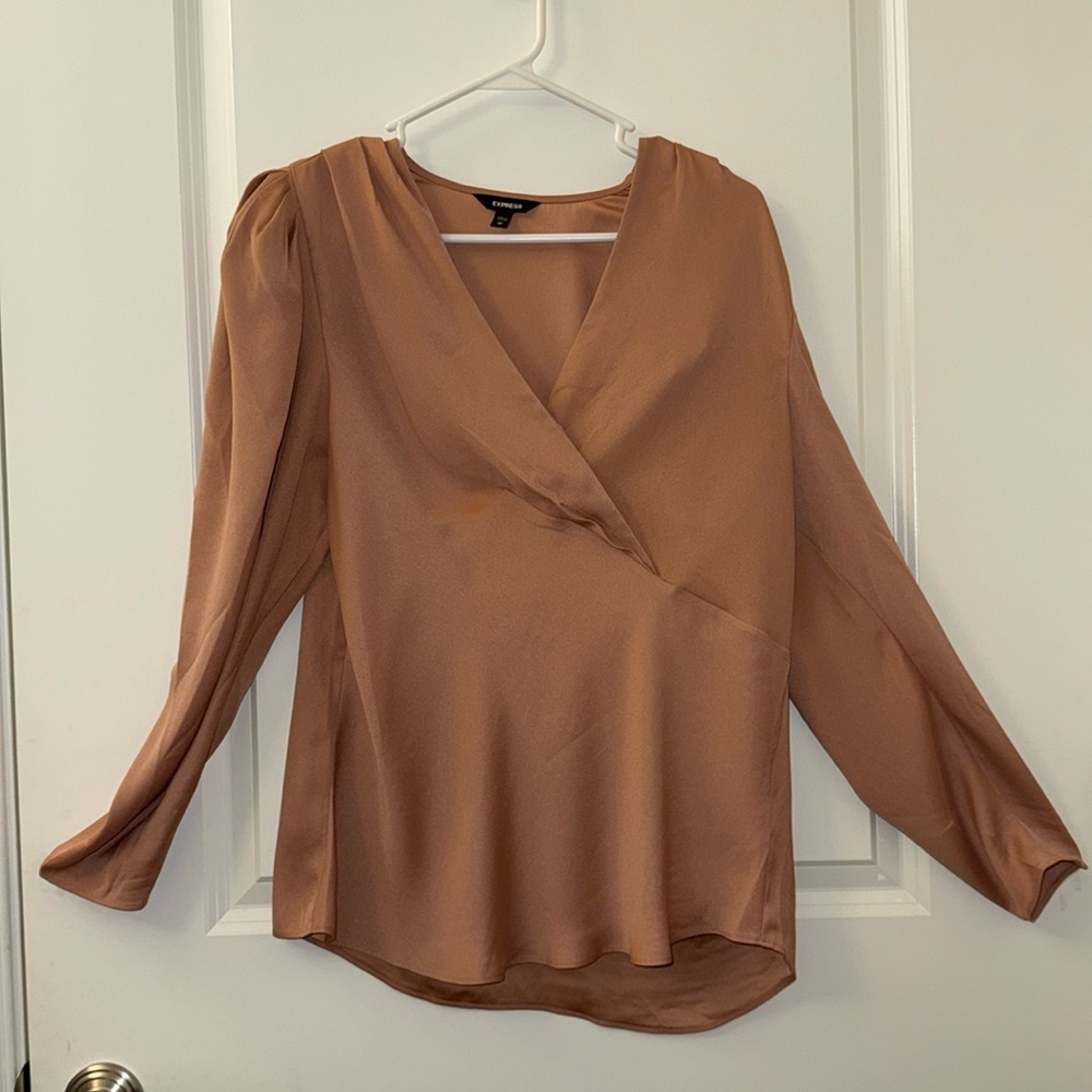 Express – Warm Caramel Satin Blouse with Puff Sleeves